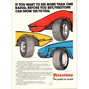 1973 Firestone Radial Tires Vintage Print Ad Cartoon Sports Cars 70s Wall Art